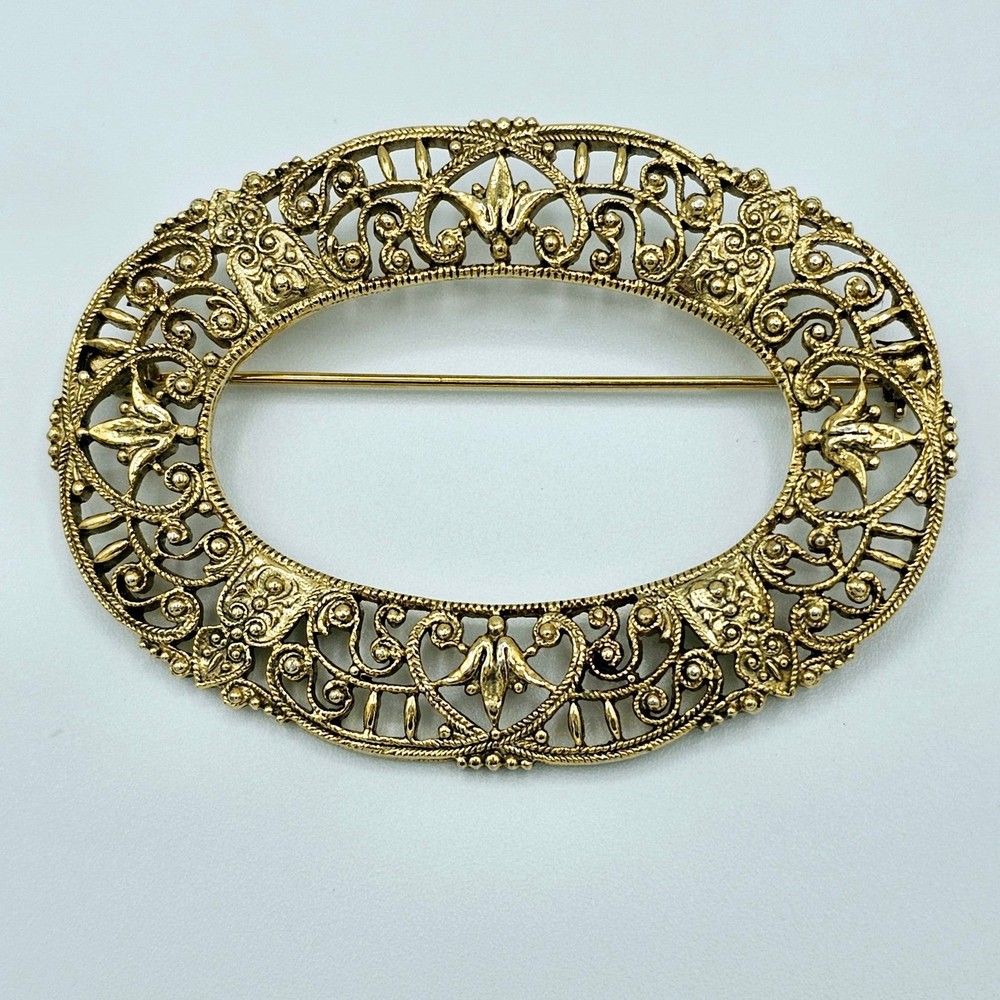 Victorian Brooch Sash Scarf Pin Filigree Vintage Scroll Oval Frame Large